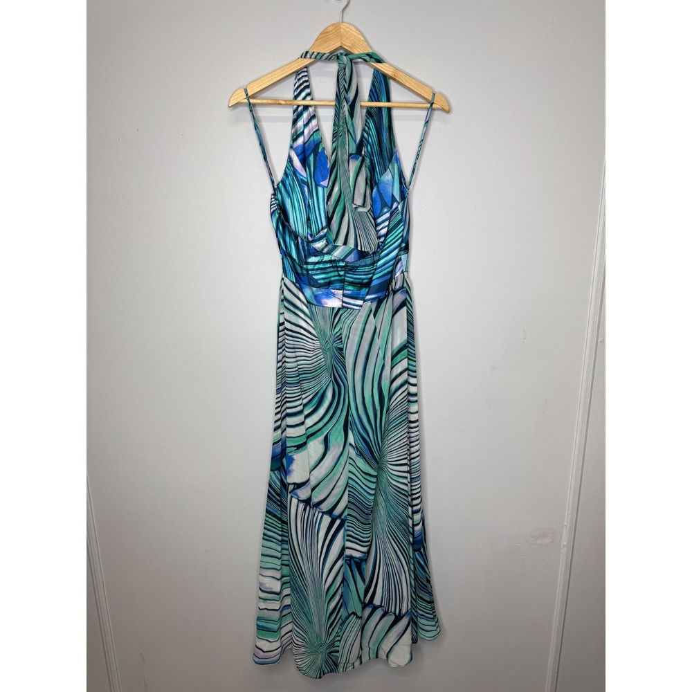 Y2K VTG Bethany Blue Teal Butterfly Print Halter Maxi Dress Ring Detail Size 10 - Picture 6 of 10
